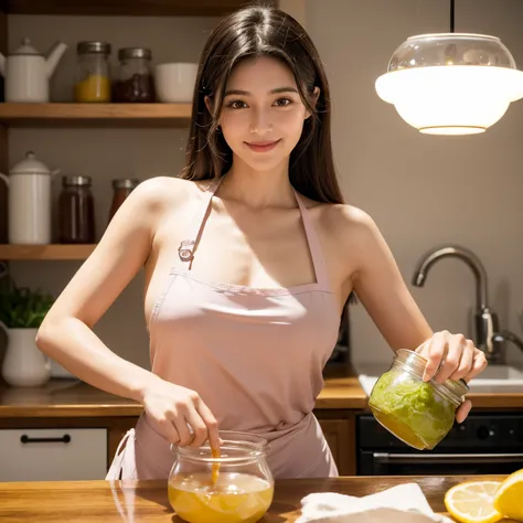 "Criar A imagem que retrata uma mulher do lar em uma cozinha ensolarada e bem organizada. She is wearing a colorful apron and has a beaming smile on her face as she prepares her own homemade kombucha.. Ao seu redor, there are glass jars with fermenting liq...