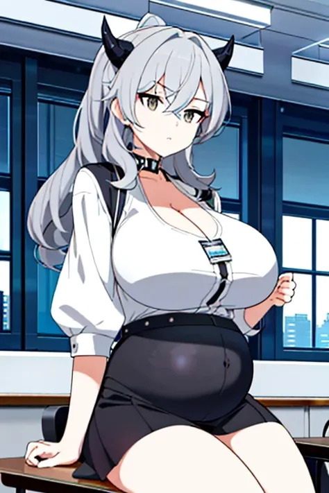 Silver Wolf， Horn Demon Star Orbit， 1girll， 独奏， （（white  shirt））， black thighhigns， nedium breasts，， 校服， office backdrop， a black skirt， pleatedskirt， office room， hair between eye， hair adornments，big cleavage breasts， long whitr hair， looking at viewert，...