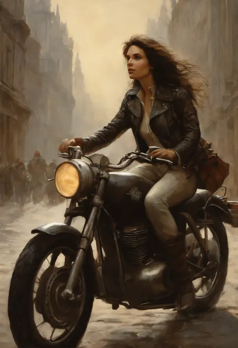 真实感, dark fantasy style, John Tolkien style, Small painting by Jean-Baptiste Monge, Soft facial features, Rocker Girl, Looking into the distance, Long wavy dark hair, hair blowing in wind, In a short dark leather jacket....., Jeans, predatory nature, stand...