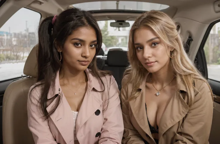 (Full size view:1.4), 22-year-old dark Sri Lankan woman named Kasuni and, her pure white Canadian mother blonde named Celestia,  (Sitting in the rear seat, luxury car), smiling at camera, (detailed background) (( Celestia is a white Canadian blonde 48-year...