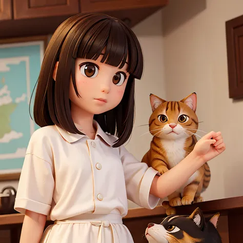 Asian girl of 12 years old with dark brown hair and bangs. She is spiritually connected to tabby cats