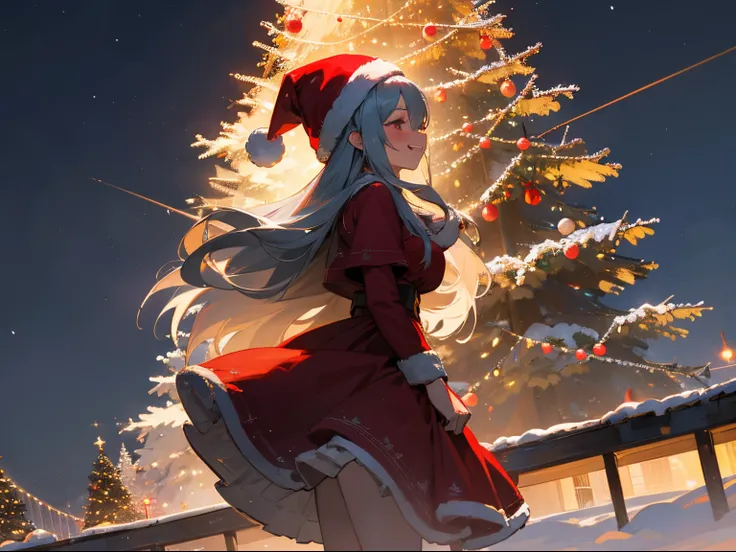 Christmas tree、Illuminations Fantastic night view of the snowy city、Profile of a smiling long-haired silver-haired girl wearing a Santa Claus hat and red dress and looking at the sky、A wide smile showing teeth under the squinting lights、bustup