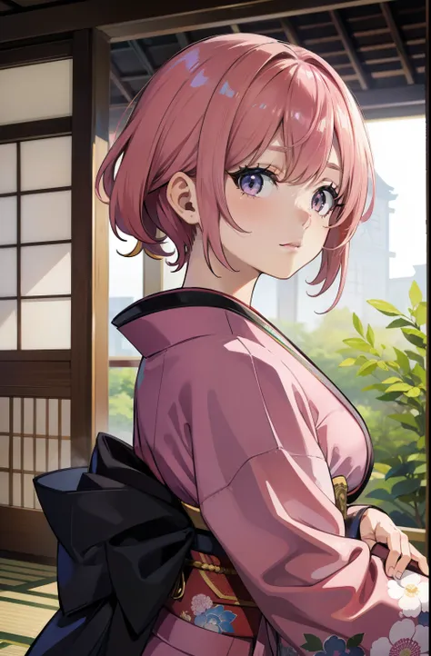 (masterpiece, flawless quality:1.2, anime style), kimono, mature, pink hair, distressed, formal, japanese, large bust, indoors, looking at viewer, japanese architecture