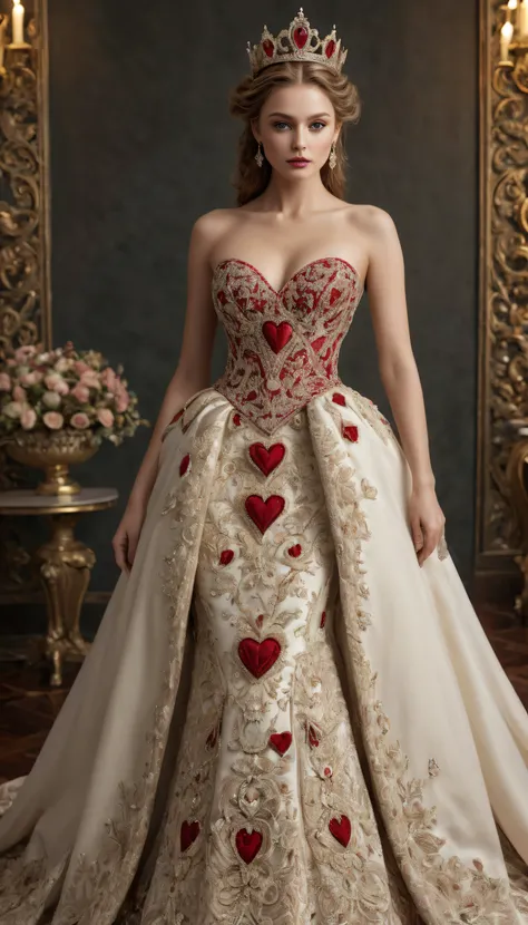 ```"craft a hyper-realistic and sensual portrayal of the 'queen of hearts,' where elegance meets seduction in every detail. envi...