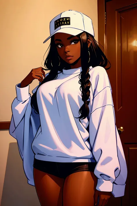 Dark skin young woman in an oversized fuzzy fitted shirt