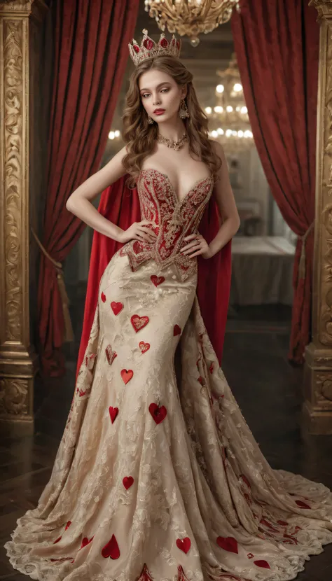 ```"craft a hyper-realistic and sensual portrayal of the 'queen of hearts,' where elegance meets seduction in every detail. envi...