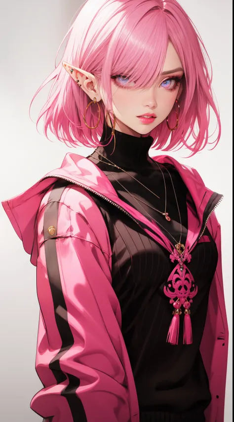 Niji Style, (elf), 1girl, solo, looking at viewer, blue eyeackground, white background, jewelry, parted lips, jacket, upper body, pink hair, earrings, pink eyes, necklace, dynamic poses, sweater, lips, eyelashes, makeup, Bob cut hair, parted bangs, (hair o...