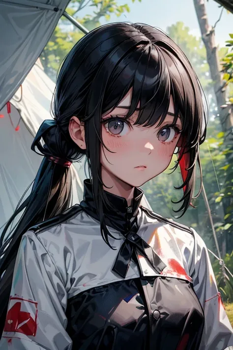 A dark-haired、poneyTail、Black Uniform、White inner、physician、tent in the forest、White mask、white glove、blood splatter、A person wearing camouflage clothes is lying inside a tent.、There is a wooden box outside with a blood bag inside.
、barechested