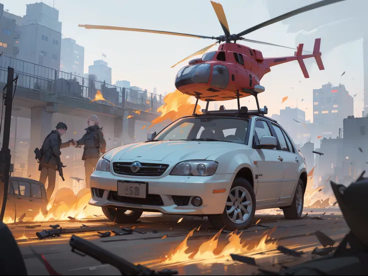 (outdoor, city, battle field, blow up, up in flames:1.2, broken car, helicopter), 1man, finger_on_trigger, gun, handgun, holding_gun, holding_weapon, holster, (smirk), masterpiece, best quality, 8k, perfect anatomy