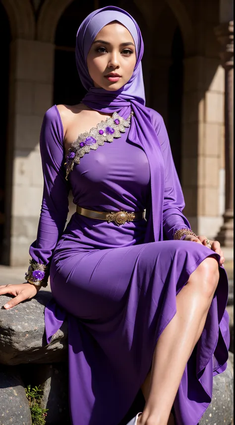 RAW, Best quality, high resolution, masterpiece: 1.3), beautiful Malay woman on hijau:0.8),((big breast)), beautifull face, perfect nose,perfect lips, perfect eyes, detail :1.2), woman in a purple hijab sitting on a stone ledge, beautiful malay woman, purp...