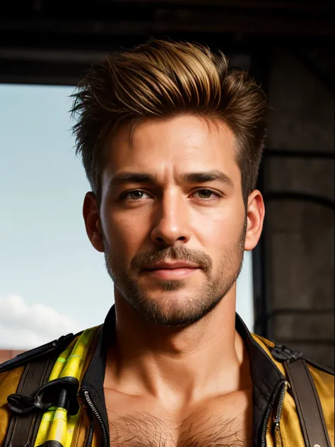 masterpiece, best quality, high resolution, closeup portrait, male focus, solo focus, A man, 45 years old, with firefighter uniform, firefighter suit, firefighter, bleached blonde hair, messy short hairstyle, cute and seductive face, bare chest, body hair,...