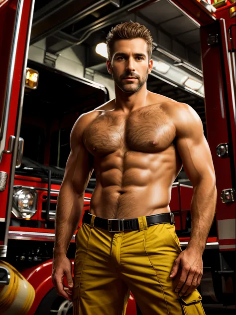 masterpiece, best quality, high resolution, closeup portrait, male focus, solo focus, A man, 40 years old, with firefighter uniform, firefighter suit, firefighter, blonde hair, messy hairstyle, cute and seductive face, bare chest, body hair, facial hair, r...