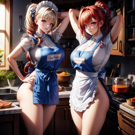 （8K ，hyper-detailing，A masterpiece of hyper-realistic photography，natural，Perfect artwork，Perfect female body），Two cute busty girls），Neat and clean kitchen，Virtual Showcase，Red similar hairstyle，Cute beautiful girl，Wear an apron，cool apron，larger lines，slo...