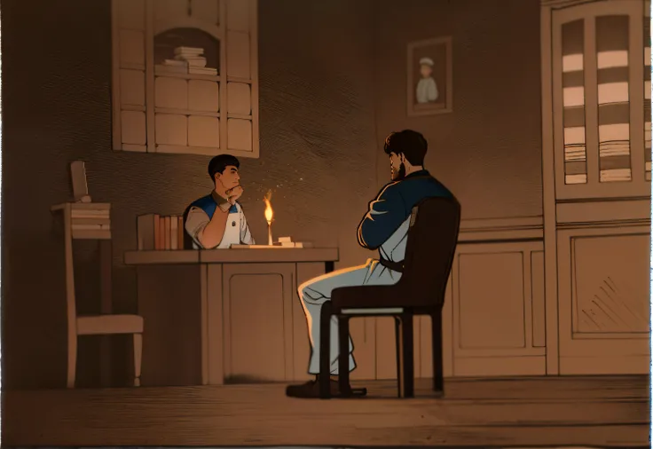 Torches on the wall, books on the desk, the man sitting at the back wears all white, while the man sitting at the front wears all black