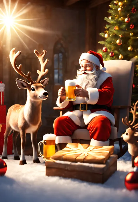 Santa giving Play station to a child, Christmas background, reindeer having beer, god rays, ray tracing, high quality, textured skin, 16k, highres