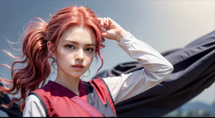 masterpiece, best quality,solo,1girl, ponytail, long hair, upper body, pink hair, red hair, long sleeves, looking at viewer, brown eyes, yellow eyes, shirt, closed mouth, arm up, floating hair, red shirt,