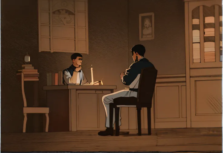Torches on the wall, books on the desk, oil lamp, one man wears all black, the other all white