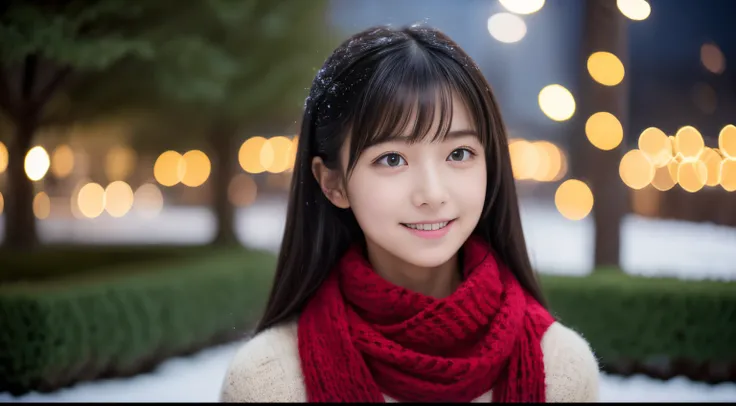 1girl in, 13years、Gravure model for Japan, (cute little, a beauty girl,profile:1.2), profile、Modest big,  𝓡𝓸𝓶𝓪𝓷𝓽𝓲𝓬,(Beautiful Christmas night view and snow:1.2), (Looking up at the big Christmas tree:1.5)、(A night town with beautiful Christmas illumination...