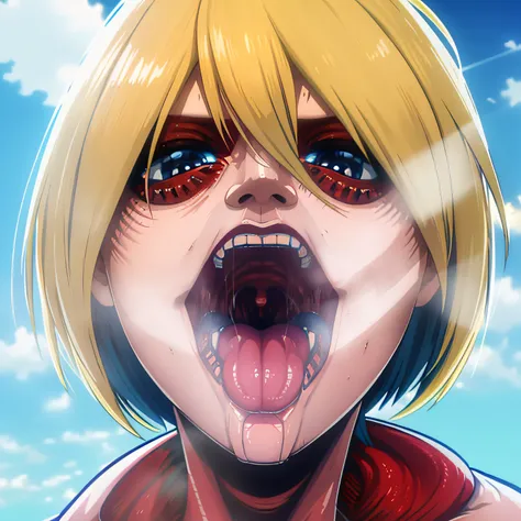 Chica anime con ojos azules y cuerpo de esqueleto,, Una escena del《Ataque a los titanes》, estilo de anime4 K, Annie Leonhart, cara, boca abierta, uvula, boca, lengua, lengua fuera, blue eyes, mirando al espectador, night, big mouth, ojos muy azules, camara...