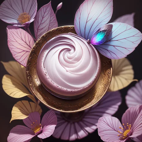 Butterfly pastel cupcake, lilac blossoms, orchid flowers, rainbow blooms, sugar rainbow crystals, butterlies, creamy, sweet, indulgent, whipped cream, pastel rainbow icing, decadent, (masterpiece:1.1), (highest quality:1.1), (HDR:1.0), (ultra-detailed), de...