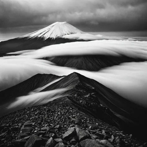 a view of clouds flowing on top of a mountain, fuji mountain, japan, (((long exposure:1.5), black and white photography, shot on hasselblad camera, kodak tmax 400, tough film grain, photorealistic, by michael kenna