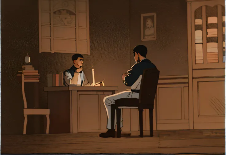 Torches on the wall, books on the desk, oil lamp, one man wears all black, the other all white