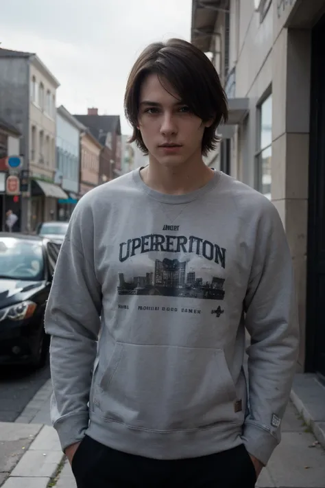 A guys look like leon kennedy Anime masutepiece, Detailed picture, 20-year-old man, The upper part of the body, A dark-haired, Black eyes, gloom, Wearing a sweatshirt, The background  a town