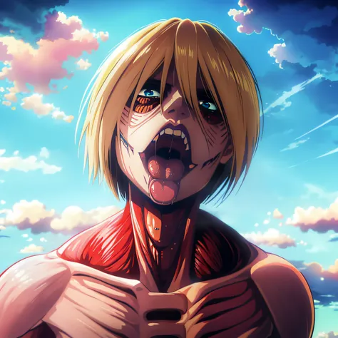 Chica anime con ojos azules y cuerpo de esqueleto,, Una escena del《Ataque a los titanes》, estilo de anime4 K, Annie Leonhart, cara, boca abierta, uvula, boca, lengua, lengua fuera, blue eyes, mirando al espectador, night, big mouth, ojos muy azules, attack...