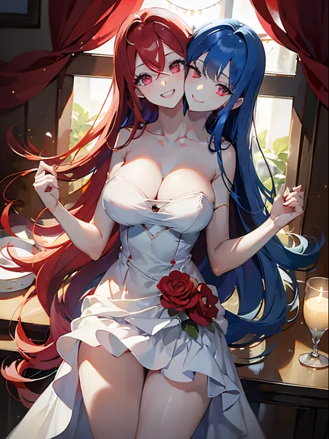 (masterpiece, best quality), best resolution, (2heads:1.5), 1girl, very long hair, red hair, blue hair, half-colour-hair, red eyes, left heads mouth open, all necks visible, heads spaced equally on one chest, perfect anatomy talking to the viewer, right he...