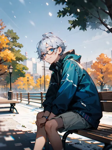 Male child, Black glasses,blue eyess,Cowboy Shots,A smile, silber hair，Daytime，Iridescent background，Park, waiting, Benches, Snow, Yuki, tree, Nature,