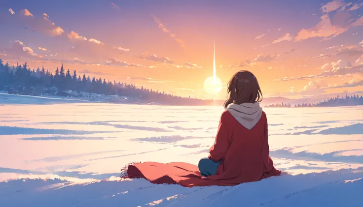 (Best Quality, Movie Poster Style), woman on snow field, wearing a red scarf, wearing a warm sweater, long haired woman, Complete back view, Sitting on a snow field and watching the sunset