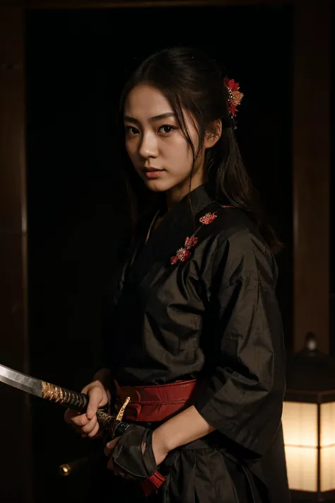 Japanese girl, samurai, dark, spotlight, katana, cherry blossum