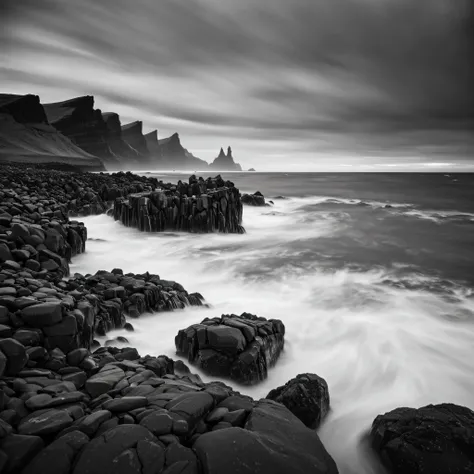 the way the waves flow against the rocks, sea, iceland, (((long exposure:1.5), black and white photography, shot on hasselblad camera, kodak tmax 400, tough film grain, photorealistic, by michael kenna, (lolw key:1.3)