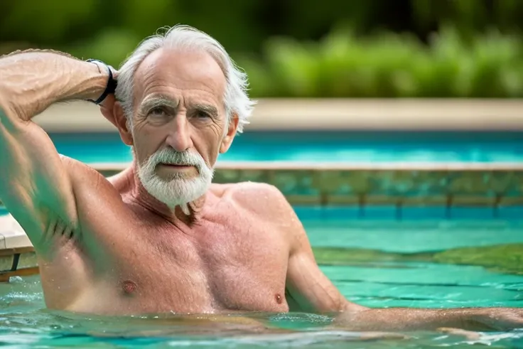 John Glover, An elder with a long beard and white hair, with a serene face wrinkles, looking producing, body older weak, skinny bones hairy, body naked, his shirt was open to reveal his stomach wrinkles older hairy weak and chest, arms legs neck hands feet...