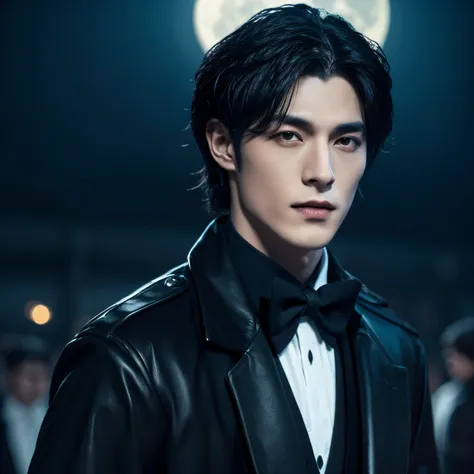 A handsome vampire wearing a black coat with a moon motif.