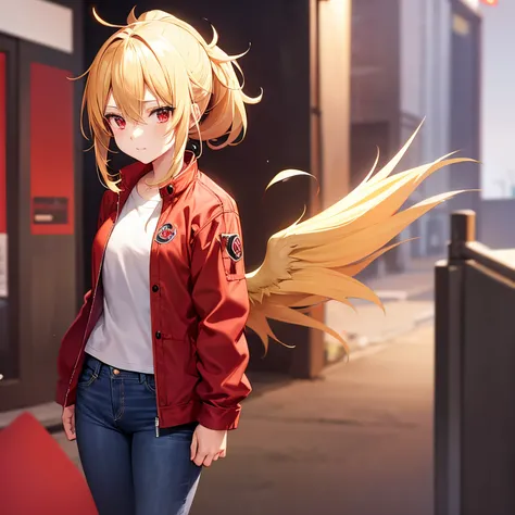 anime girl, blonde hair tied in ponytail, red eyes, red jacket, jeans, black wings