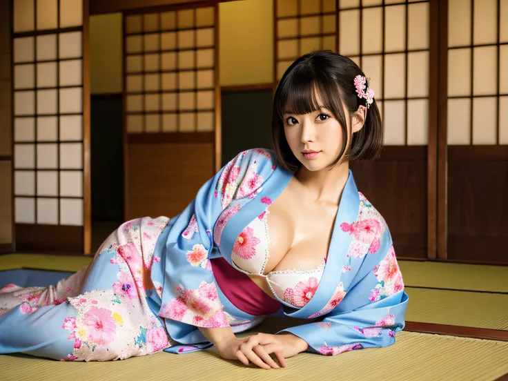 Best Quality, masutepiece,  (Photorealistic:1.4), Raw photo, 1girl in, Solo, (Kimono beauty with a crane pattern:1.2), fullllbody, Spread legs, thighs thighs thighs thighs, (Big breasts:1.1), cleavage, Short hair, Young Gravure Idol, Japanese Models, Young...