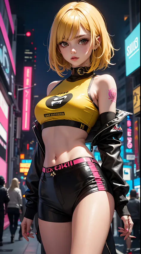 a Hi-Tech cyborg girl,her blonde multicolor hair,Human face,she has brown eyes,colourful neon tattoos,black and yellow crop top,cyberpunk. cyberpunk background