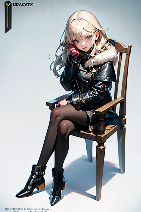 A girl, sitting on a chair in the snow, looking at the viewer, wearing a long coat, her hair  blond, Black boot, Black coat, open hair, snow falling on top of her, full body,  girl, front camera, beautiful eyes, garden chair, Draw feet better, Movie poster...