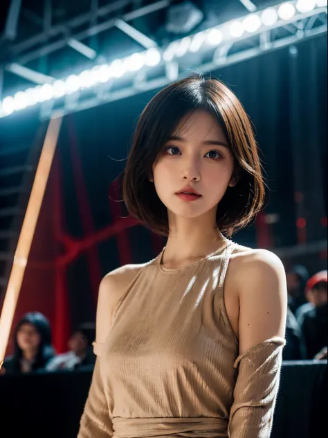 Spotlights on stage、actress in a luxurious dress、top-quality、hyper HD、奈良美智, Japanese Models, Beautiful Japanese wife with short hair, 27-year-old female model, 4 k ], 4K], 27yo, sakimichan, sakimichan