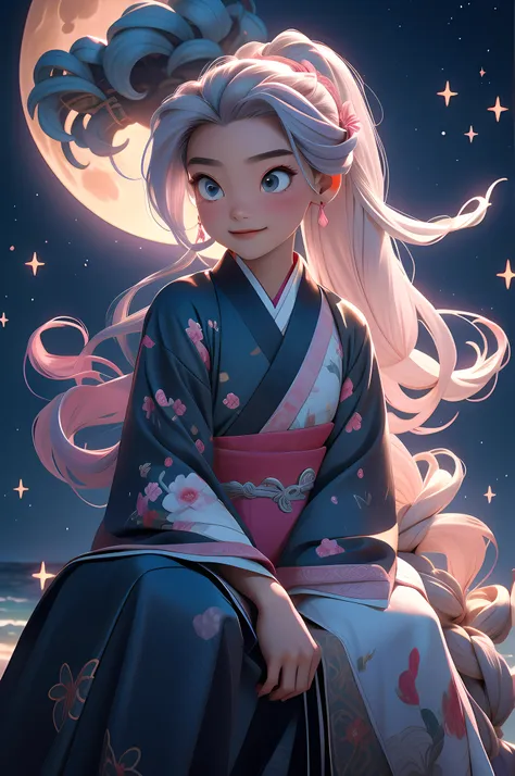 tmasterpiece, best quality at best, thirteen-year-old girl, long gray hair，pink haired one，hanfu，sit on the reef，one hand drags ...