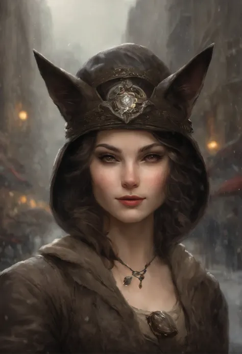 真实感, dark fantasy style, John Tolkien style, Small painting by Jean-Baptiste Monge, portraite of a, looks from the front, Soft facial features, wear a headband with cat ears, Rocker Girl, Average height, plump dark pink lips, Engriberts eyebrows, dark brow...