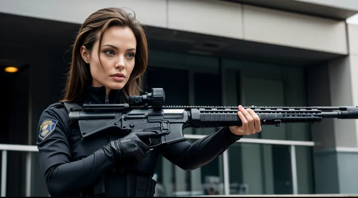 ​masterpiece,8k,ultra-detailliert,on the roof of a building,angelina jolie with a rifle,独奏,a woman aiming something with a rifle...