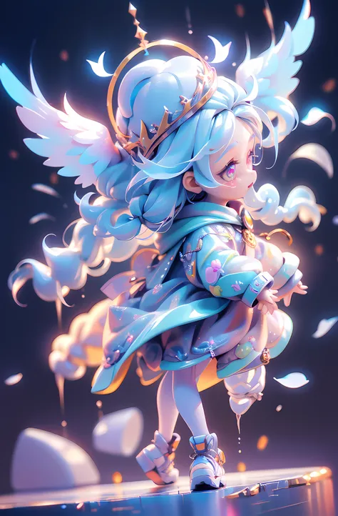 (Masterpiece: 1.4), (Best Quality: 1.4), (Chibi: 1.3), (Very Cute Angel Girl, Super Detailed Face, Jewel-like Eyes, White Very Long Hair, Colorful Gradient Hair: 1.4), (Angel Ring:
1.4), (Angel Wings: 1.4), (Full body, perfect 2 arms, perfect 2 legs: 1.4),...