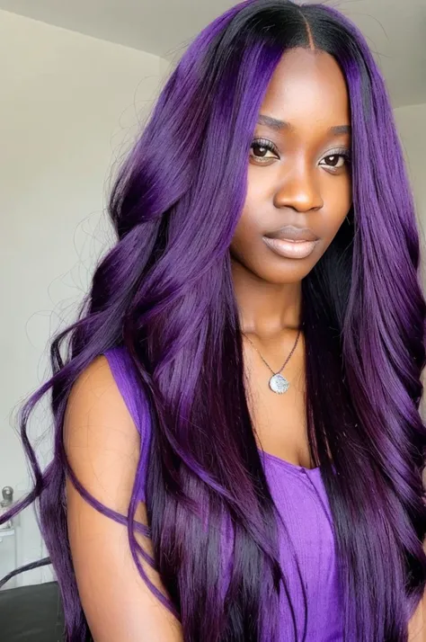 a close up of a african woman with long purple hair and a necklace, doll like face, asian eyes, long wavy purple hair, purple flowing hair, long violet hair, purple hair portrait of woman, long purple hair, vibrant dark wavy hair, flowing purple hair, purp...