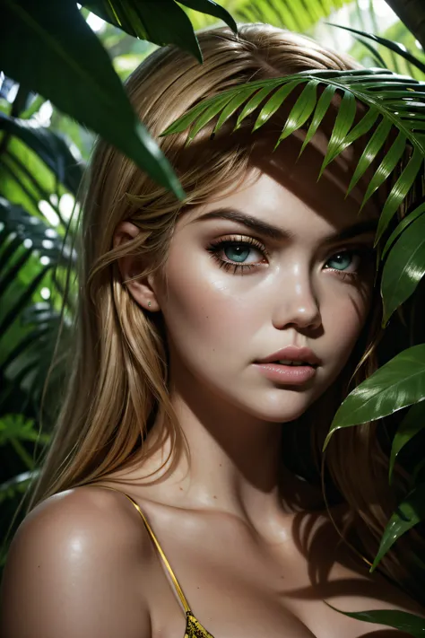 Kate Upton, wearing jungle sexy clothes. professionally retouched, soft lighting, realistic, smooth face, perfect eyes, sharp focus on eyes, 8 k, high definition, insanely detailed, intricate, elegant. in a jungle background.