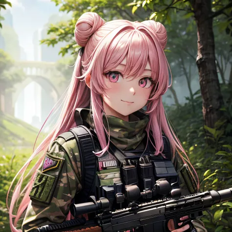 masterpiece, extremly detailed face, 1girl, satou matsuzaka, solo, long_hair, looking_at_viewer, very long hair, hair buns, double buns , gloves, pink_eyes, closed_mouth, jacket, pink_hair, military, helmet, pouch, tactical_clothes, load_bearing_vest, bull...