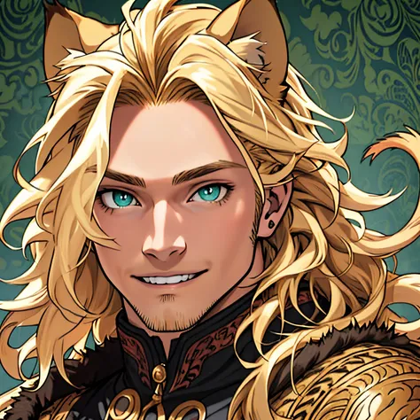 Fur coat, One male, lion ears, long hair, blond, blond hair, green eyes, tall, muscular, beautiful face, highest quality, masterpiece, 3d, anime, perfect face, highest detail, feline eyes, short facial hair, lion tail, wavy hair, bust shot, detailed face, ...