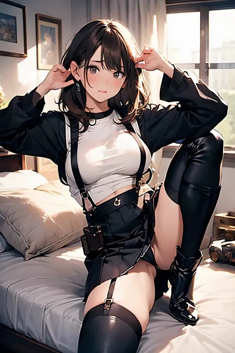 Brown hair、watching at viewers　　　black suspenders　　　Bulging big breasts　　 　 　　　walls: 　Black miniskirt　garters　　　　　　Gaze　　　Small face　bangss 　　　holster　　　Beautuful Women　　hands up　　Leg holster lying on the bed　　Gaze 　black boots panty shot