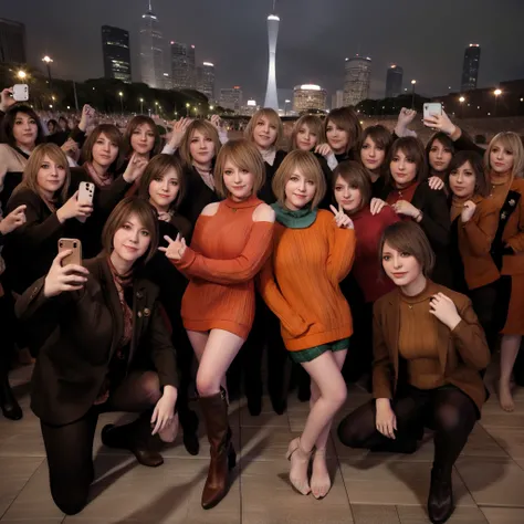 Ashley graham , standing gracefully, selfie style, stylish hand, Orange sweater, smile, Hands in pockets, brown heeled boots